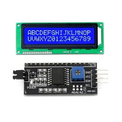 LCD 1602 Display Module with I2C Interface Adapter featuring a blue backlight and 16x2 character display, ideal for ESP8266, and DIY electronics projects.