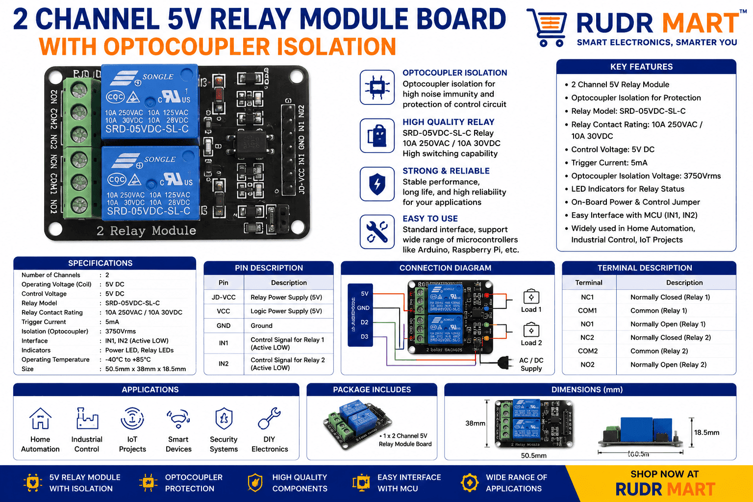 2 Channel 5V Relay Module Board with Optocoupler Isolation - Image 7