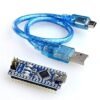 Nano V3.0 ATmega328P microcontroller development board with USB Mini-B cable and compact blue PCB design for embedded electronics projects.