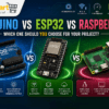 Arduino vs ESP32 vs Raspberry Pi comparison featuring the three popular development boards for IoT, robotics, embedded systems, and DIY electronics projects with Rudr Mart branding.