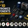 Various electronic components including resistors, capacitors, LEDs, transistors, integrated circuits, and batteries arranged on a circuit board