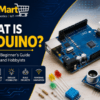 Arduino Uno board with sensors, breadboard, jumper wires, and electronic components for beginner electronics and robotics projects