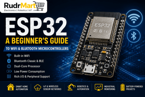 ESP32 WiFi and Bluetooth microcontroller development board with IoT, smart home, and robotics applications illustration