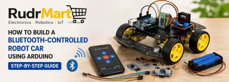 Bluetooth-controlled robot car built using Arduino Uno, HC-05 Bluetooth module, motor driver, and DC motors.