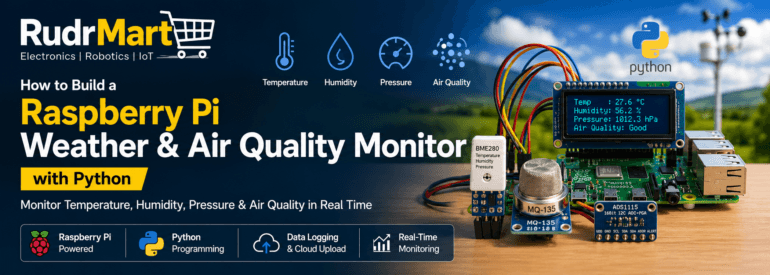 Raspberry Pi Weather & Air Quality Monitor with BME280 sensor, MQ-135 air quality sensor, ADS1115 ADC, and Python displaying real-time environmental data