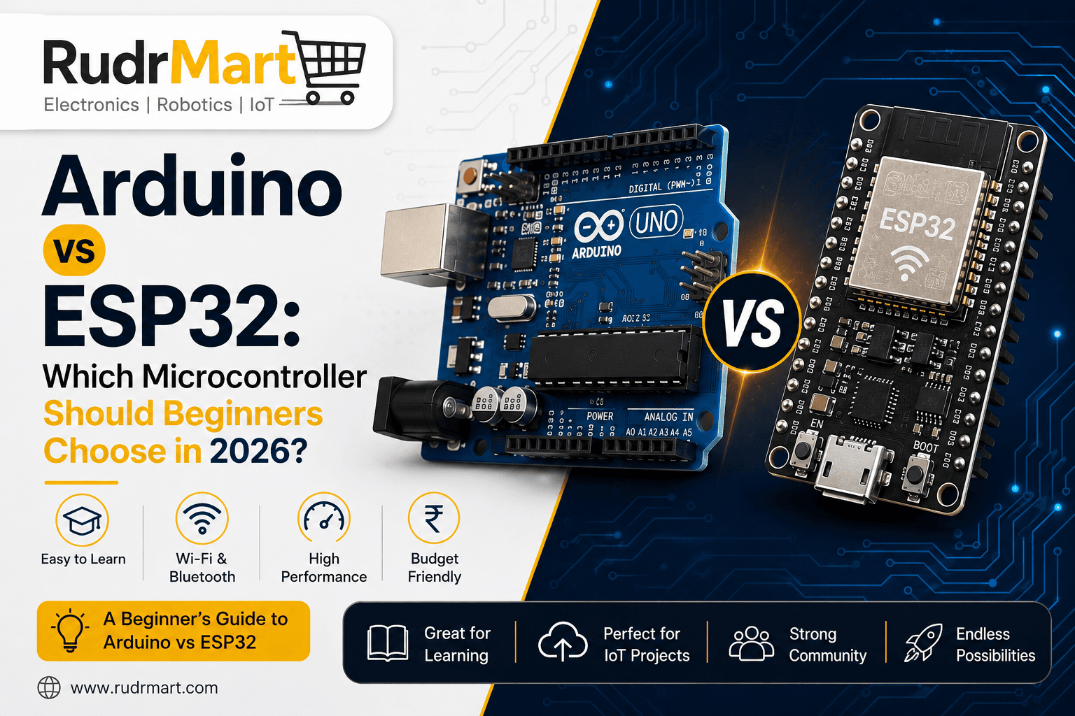Arduino Uno and ESP32 development boards placed side by side for comparison in 2026