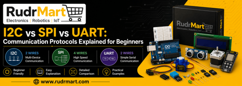 I2C vs SPI vs UART communication protocols comparison showing SDA SCL, MOSI MISO SCK CS, and TX RX pins