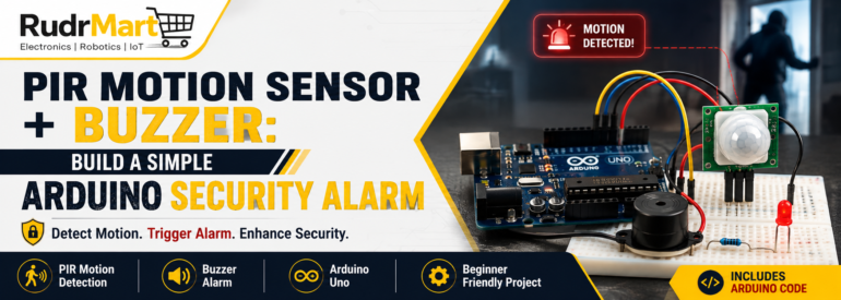 PIR motion sensor HC-SR501 connected to Arduino and buzzer for a security alarm project