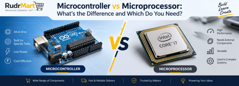 Microcontroller and microprocessor differences in features, power, performance and applications.