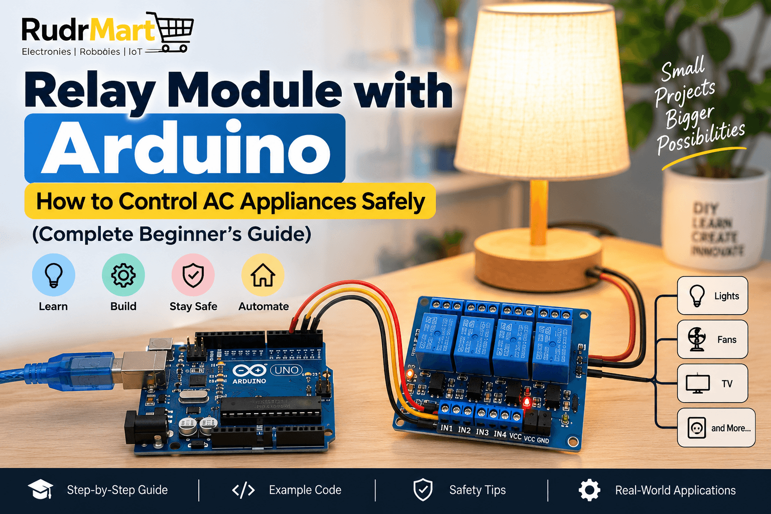 Arduino UNO connected to relay module for home automation and AC appliance control