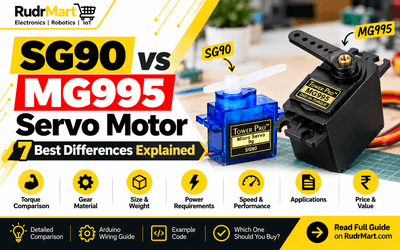 SG90 vs MG995 Servo Motor comparison showing torque, gear material, power and robotics applications